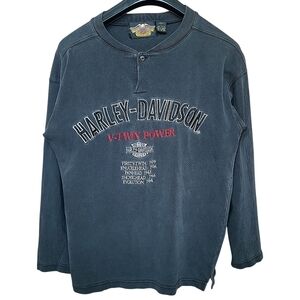 Vtg Harley Davidson Mens L Henley Embroidered V-Twin Power Waffle Weave Shirt